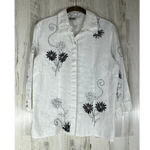 Edward‎ Irish Linen Button Up Blouse Size Medium Floral Embroidered Beaded READ